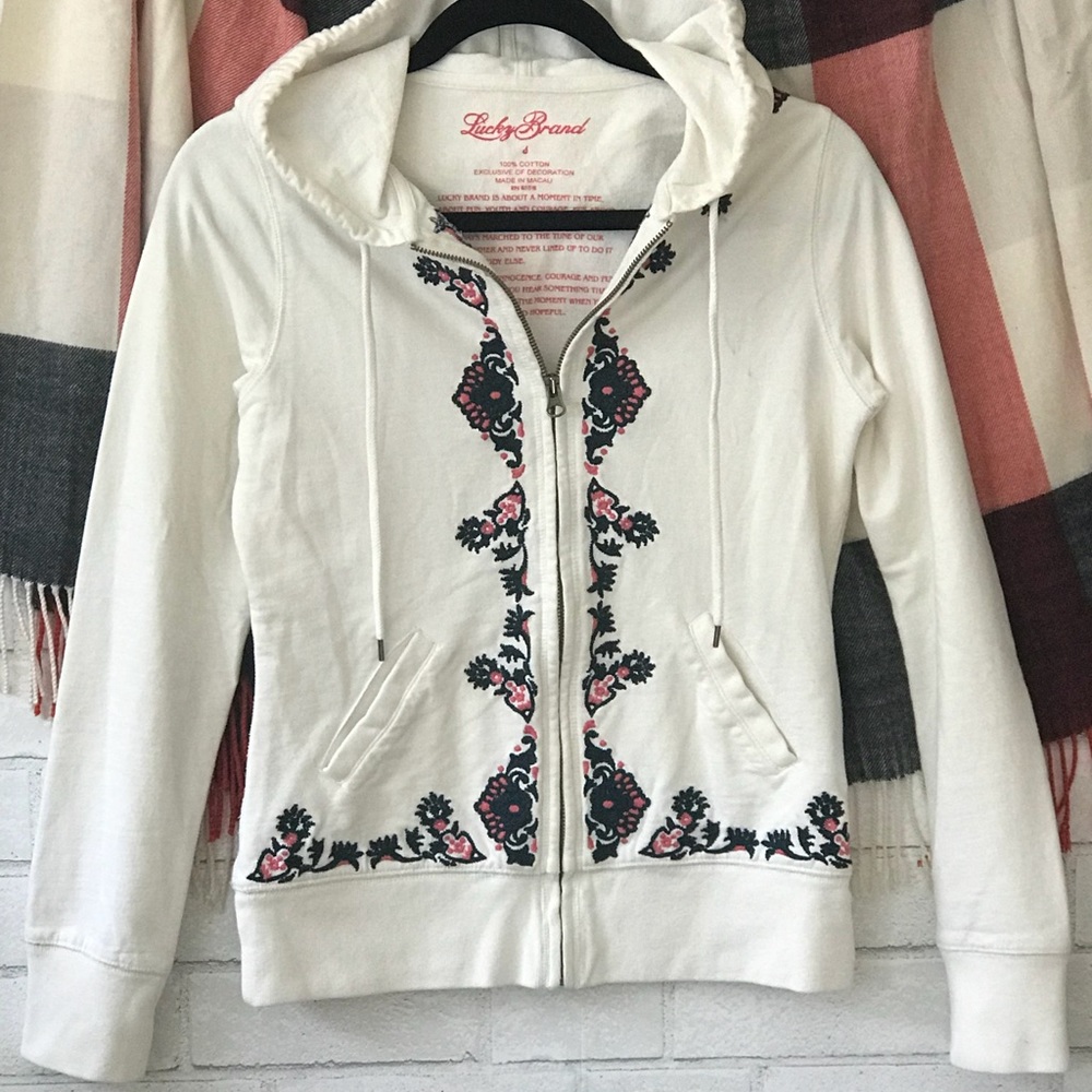 Lucky Brand Embroidered Hoodie Sweatshirt S Floral Full zip